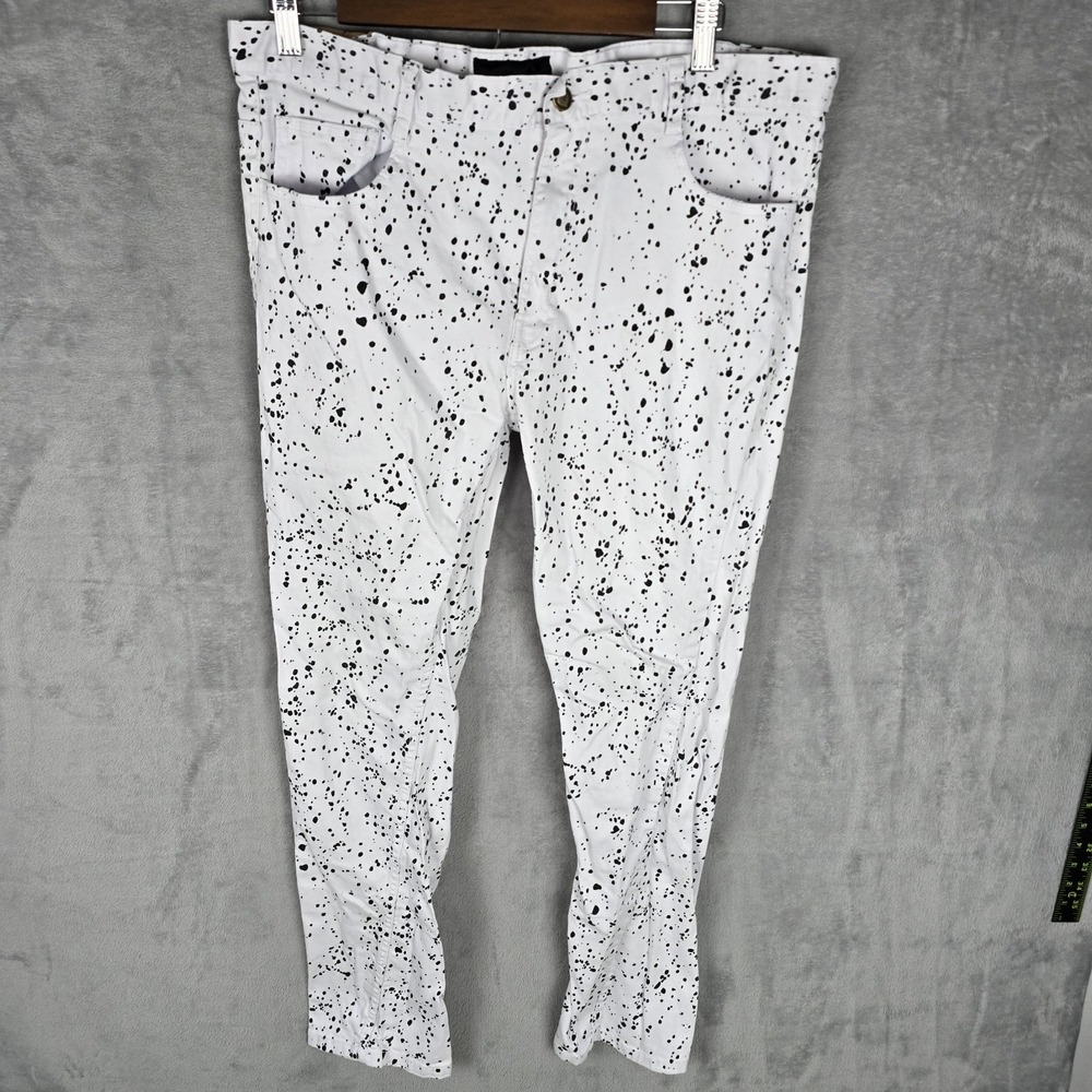 Q White Black Paint Splatter Straight Leg Cotton‎ Pants Size 40 Streetwear